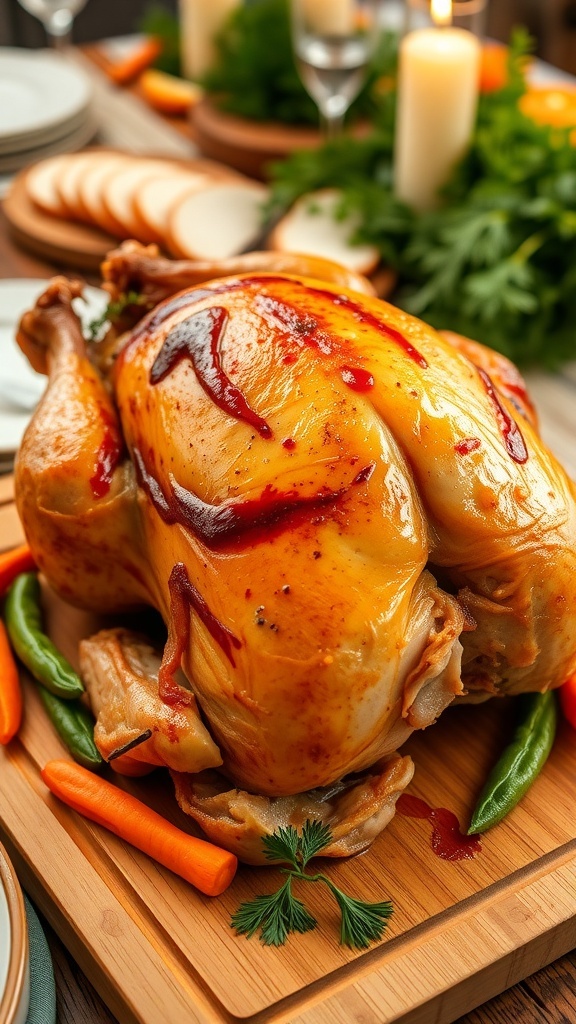 A golden brown roasted turkey breast on a cutting board, garnished with herbs and surrounded by vegetables.